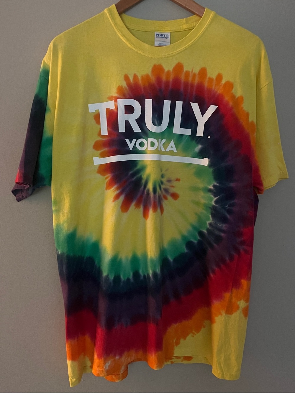 TRULY Tie-Dye Logo Tee - Yellow with Rainbow Spiral